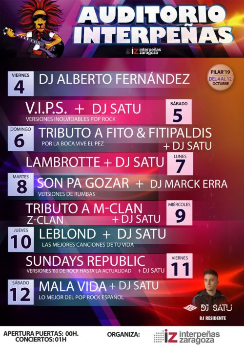 web-cartel-auditorio-pilar19(1) Programación Auditorio Interpeñas Zaragoza Fiestas del Pilar 2019. Pilar 19. Peñas Zaragoza. Federación Interpeñas de Zaragoza.