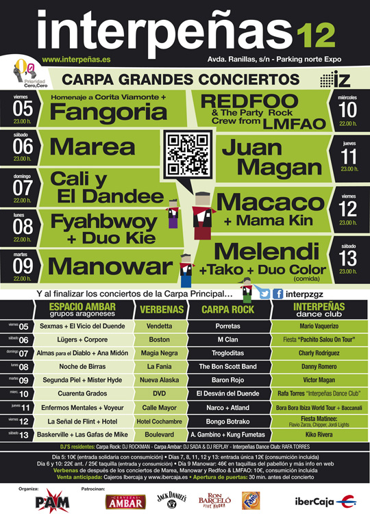 092312-cartel pabellon interpeñas zaragoza fiestas del pilar 2012 Cartel Programación Completa Pabellón Interpeñas Zaragoza 2012 parking Norte de la Expo. Fiestas del Pilar 2012. Conciertos fiestas del Pilar año 2012 en Zaragoza. Peñas Zaragoza. Federación Interpeñas de Zaragoza.