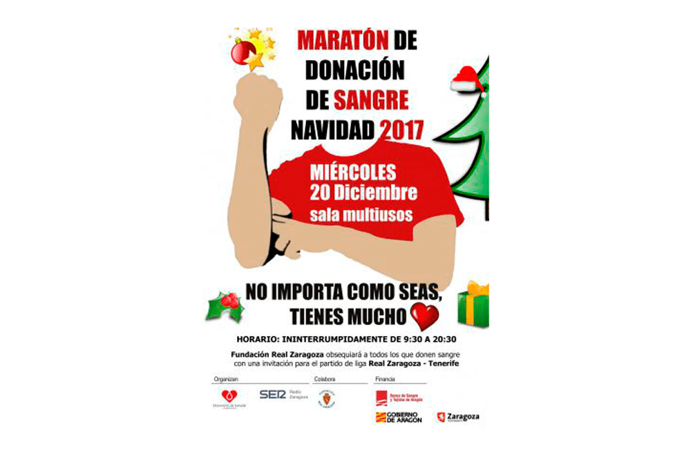 Maratón de donación de sangre en navidad 2017. Interpeñas Solidaria 2017. Dona Sangre. Peñas Zaragoza. Federación Interpeñas de Zaragoza.