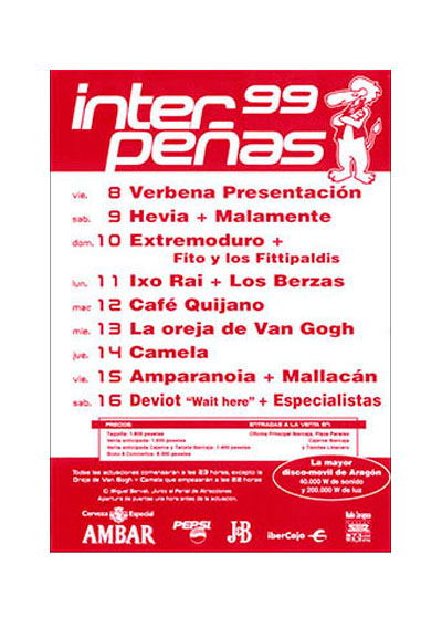 1999-cartel pabellon interpeñas zaragoza fiestas del pilar Fiestas del Pilar de Zaragoza 1999. Pabellón Interpeñas Zaragoza 1999. Pilar 99. Fiestas del Pilar 1999. Peñas Zaragoza. Federación Interpeñas de Zaragoza. Cartel Fiestas del Pilar 1999 Interpeñas Zaragoza.