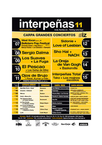 2011-cartel pabellon interpeñas zaragoza fiestas del pilar Fiestas del Pilar de Zaragoza 2011. Pabellón Interpeñas Zaragoza 2011. Pilar 2011. Fiestas del Pilar 2011. Peñas Zaragoza. Federación Interpeñas de Zaragoza. Cartel Fiestas del Pilar año 2011 Interpeñas Zaragoza. Conciertos Fiestas del Pilar 2011 Zaragoza.
