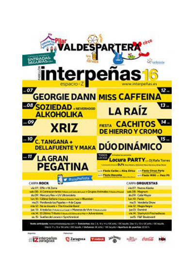 2016-cartel pabellon interpeñas zaragoza fiestas del pilar Fiestas del Pilar de Zaragoza 2016. Pabellón Interpeñas Zaragoza 2016. Pilar 2016. Fiestas del Pilar 2016. Peñas Zaragoza. Federación Interpeñas de Zaragoza. Cartel Fiestas del Pilar año 2016 Interpeñas Zaragoza. Conciertos Fiestas del Pilar 2016 Zaragoza.