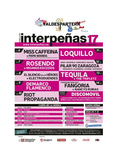 2017-cartel pabellon interpeñas zaragoza fiestas del pilar Fiestas del Pilar de Zaragoza 2017. Pabellón Interpeñas Zaragoza 2017. Pilar 2017. Fiestas del Pilar 2017. Peñas Zaragoza. Federación Interpeñas de Zaragoza. Cartel Fiestas del Pilar año 2017 Interpeñas Zaragoza. Conciertos Fiestas del Pilar 2017 Zaragoza.